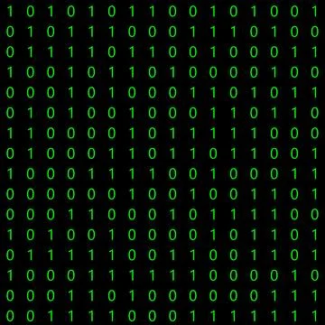 256 randomly arranged binary numbers zero and one in green on a black backg.. Illustrazione stock