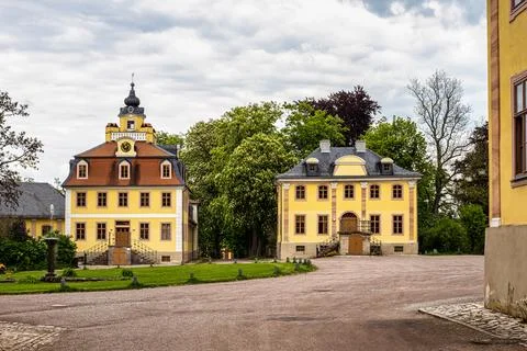 Weimar, Germany - May 12, 2023: Castle Belvedere near Weimar Thuringia Germany is a elegant summer residence dating from 18th century. View from the Castle park. xkwx weimar germany belvedere palace castle park schloss thuringia goethe schiller building architecture travel baroque landmark facade residence historical garden landscape yellow heritage history house old unesco culture panorama historic monument tourism chateau university pavillon orangery visit green orangerie europe experience destination countryside tree orange recreation
