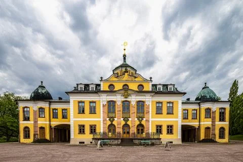 Weimar, Germany - May 12, 2023: Castle Belvedere near Weimar Thuringia Germany is a elegant summer residence dating from 18th century. View from the Castle park. xkwx weimar germany belvedere palace castle park schloss thuringia goethe schiller building architecture travel baroque landmark facade residence historical garden landscape yellow heritage history house old unesco culture panorama historic monument tourism chateau university pavillon orangery visit green orangerie europe experience destination countryside tree orange recreation