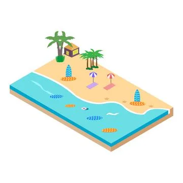 2.5D Sandy beach concept vector illustration. Sandy beach vector with surfboa Stock Illustration