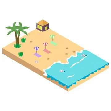 2.5D Sandy beach concept vector illustration. Sandy beach vector with resort  Stock Illustration