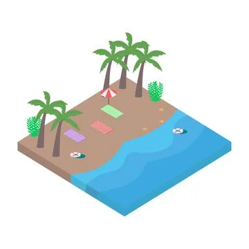 2.5D sandy beach vector design with the coconut tree concept, Sandy beach vec Illustrazione stock