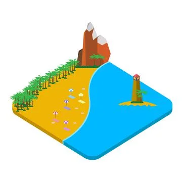 2.5D sandy beach vector design with lighthouse and hill concept, Sandy beach  Illustrazione stock