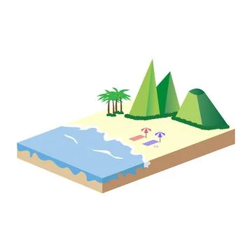 2.5D sandy beach vector design with the green hill concept, Sandy beach vecto Illustrazione stock