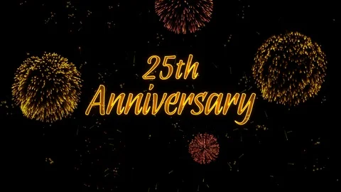 25th Anniversary Greeting text with particles, colored fireworks, sparks Stock Footage 99058128