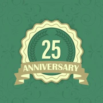25th anniversary vector label on a green ornament background. Stock Illustration