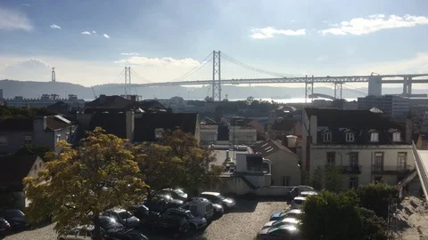 25th of April Bridge In Lisbon With A View The City, Portugal Stock Footage 69886401