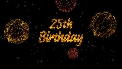 25th Birthday Greeting text with particles, colored fireworks, sparks and stars Stock-Footage 99060367