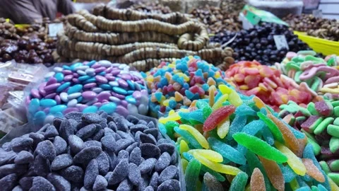 26-07-2024:Close-Up of Sweets and Colorful Candies at Souk El Had Morocco Stock Footage 280827696