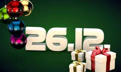 26 12 date calendar gift box christmas tree balls 3d illustration Stock Illustration