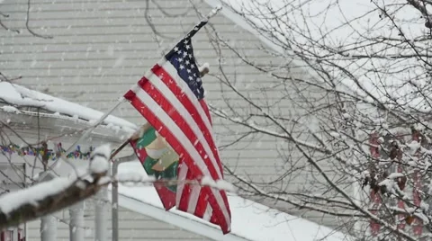 2629 American Flag with Snowflakes Falling in Slow Motion Stock Footage 44408205
