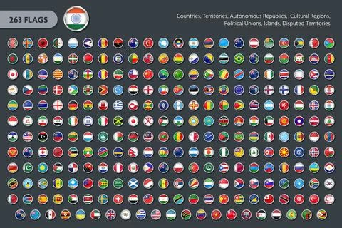 263 Circular World Flag Icons in Silver Metallic Frames for Global Countrie.. Illustrazione stock