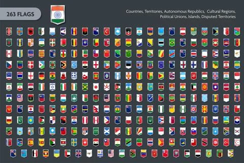 263 Diverse Flag Icons Set: International Countries, Islands, and Autonomou.. Stock Illustration