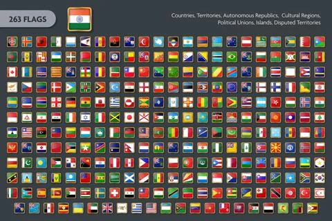 263 Square World Flag Icons with Gold Frames for Countries Territories and .. Stock Illustration