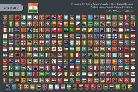 263 World Flags Glossy Square Golden Frame Icons Set with Names Stock-Illustration