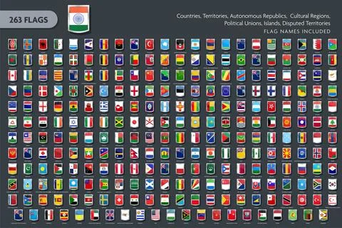 263 World Flags Rounded Rectangle Badge Icon Vector Set with Names 스톡 일러스트