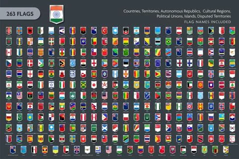 263 World Flags Sharp Pointed Badge Icon Collection with Names Stock-Illustration