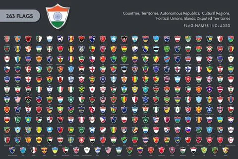 263 World Flags Shield Badge Icons Set Vector Collection with Names Stock-Illustration
