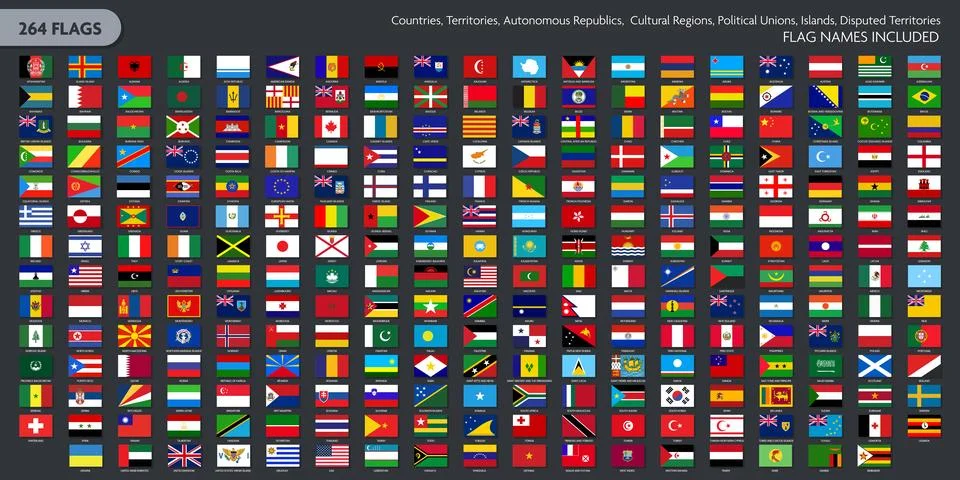 264 World Flags Vector Collection Set with Names for Countries Territories .. Stock-Illustration