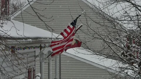 2640 American Flag with Snowflakes Falling in Slow Motion Stock Footage 44408426