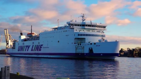 27 11 23;  large ferry sails across the sea of Swinoujscie,  Poland, slow motion Stock Footage 278733109