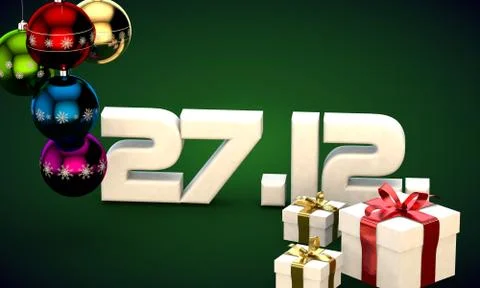 27 12 date calendar gift box christmas tree balls 3d illustration Illustrazione stock