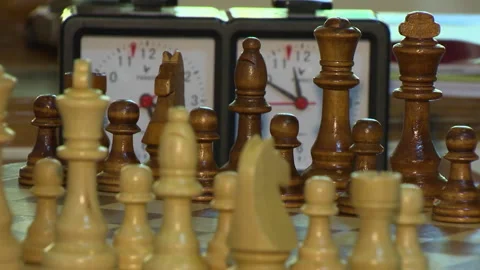 2/7 Close-Up Chess Boards And Chess Pieces Tournament Game  With Clock Stock Footage 212950494