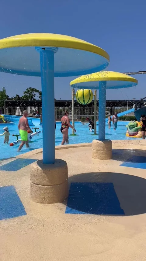 27.06.2023 Cyprus Paphos Pool view panorama of colourful tropical kid s aquapark Stock Footage 244915765