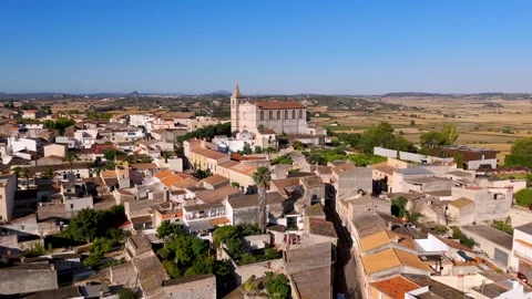 Approaching Church over Town in Santa Margalida, Mallorca - Aerial Drone Approaching Church over Town in Santa Margalida, Mallorca - Aerial Drone