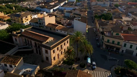 Circling Library Building at Sunrise, Santa Margalida, Mallorca - Aerial Drone Circling Library Building at Sunrise, Santa Margalida, Mallorca - Aerial Drone