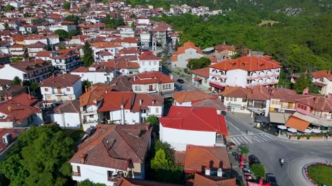 Over the Town Center in Litochoro, Pieria, Greece - Aerial Drone