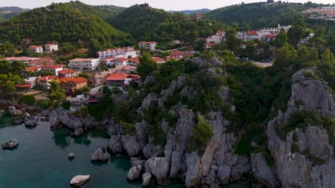 Aerial Drone Flight Over Loutra Rocky Coast, Aegean Sea, Halkidiki Aerial Drone Flight Over Loutra Rocky Coast, Aegean Sea, Halkidiki