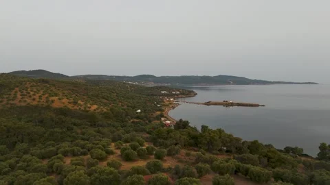 Aerial Drone Over Hazy Forest & Coastline, Paliouri Sunrise, Greece Aerial Drone Over Hazy Forest & Coastline, Paliouri Sunrise, Greece