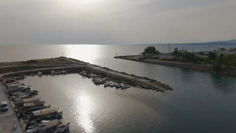 Harbour at Sunset at Nea Poteidaia, Kassandra, Halkidiki, Greece, Aerial Drone Harbour at Sunset at Nea Poteidaia, Kassandra, Halkidiki, Greece, Aerial Drone