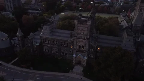 2.7k Aerial orbit around U of T building revealing sports field with people play Stock Footage 147149799