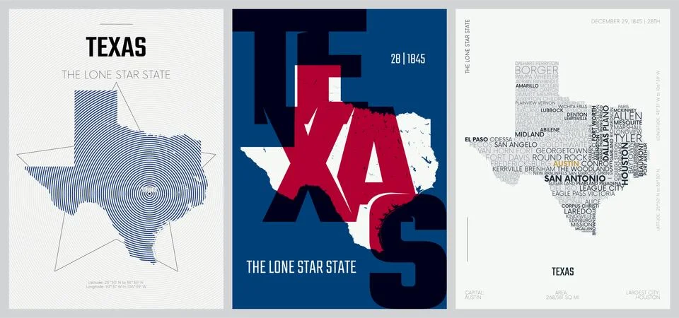 28 of 50 sets, US State Posters with name and Information in 3 Design Styles, Stock Illustration