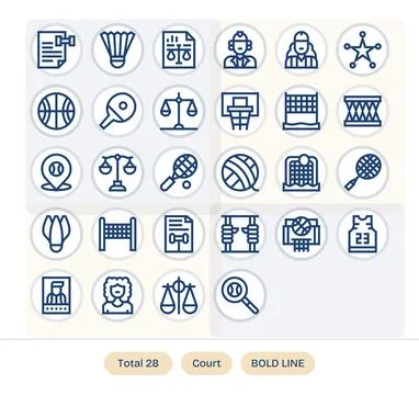 28 64x64 Grid Fitted Vector Icons for Court in Bold Line Theme Stock Illustration