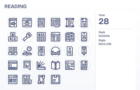 28 64x64 Vector Icons for Reading with Pixel Aligned Bold Line clarity Stock Illustration