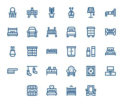 28 Bedroom PIXEL Perfect Vector Icons in 64x64 Bold Line Aesthetic Stock Illustration