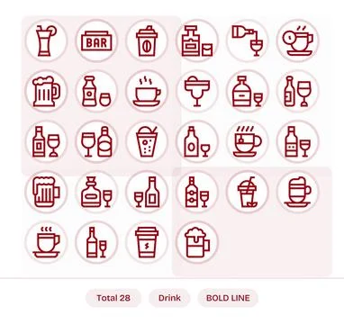 28 Bold Line Grid Fitted Vector Icons for Drink Icon Graphics Stock Illustration