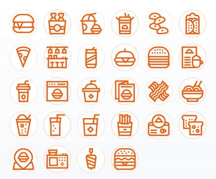 28 Bold Line Pixel Aligned Vector Icons for Fast Food Graphics Stock Illustration