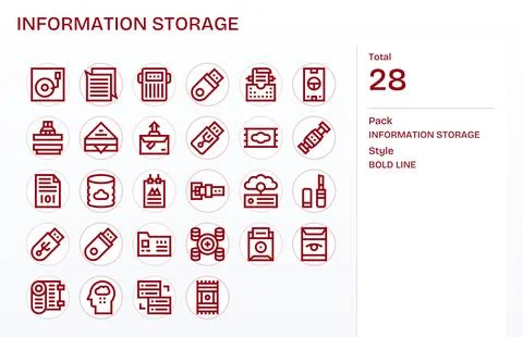 28 Bold Line Pixel Aligned Vector Icons for Information Storage Graphics Stock Illustration
