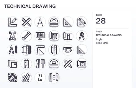 28 Bold Line PIXEL Perfect Vector Icons crafted for Technical Drawing Retin.. 스톡 일러스트