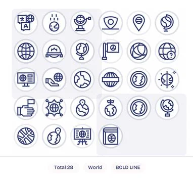 28 Bold Line Vector Icons for World in crisp 128x128 Editable resolution Stock Illustration