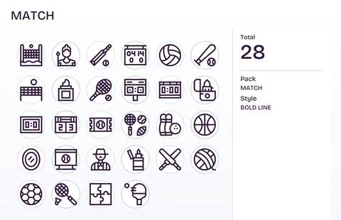 28 Bold Line Vector Icons from Match in 256x256 Detail Enhanced Quality Stock Illustration