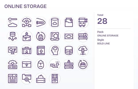 28 Bold Line Vector Icons for Online Storage in crisp 64x64 PIXEL Perfect r.. Stock Illustration