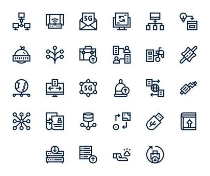 28 Data Transfer Pixel Aligned Vector Icons in 128x128 Bold Line Aesthetic Illustrazione stock