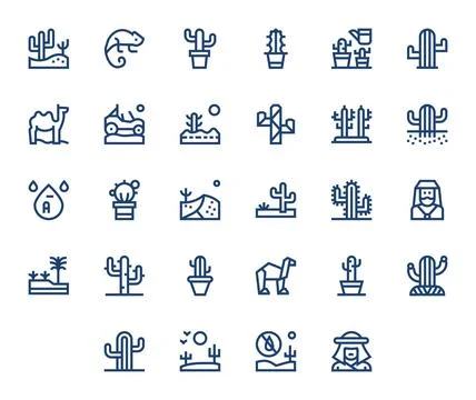 28 Desert PIXEL Perfect Vector Icons in 64x64 Bold Line Aesthetic Stock Illustration