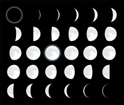 28 different lunar phases. Complete moon satellite cycle. Ilustração Stock