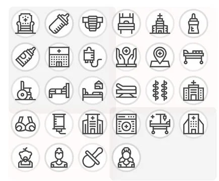 28 Grid Fitted 64x64 Vector Icons for Nursing in elegant Bold Line design Stock Illustration
